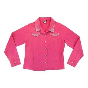 Isaac's Designs Denim Pink Jacket Decoraded Rhinestones with Dog Drawing Back‎ M